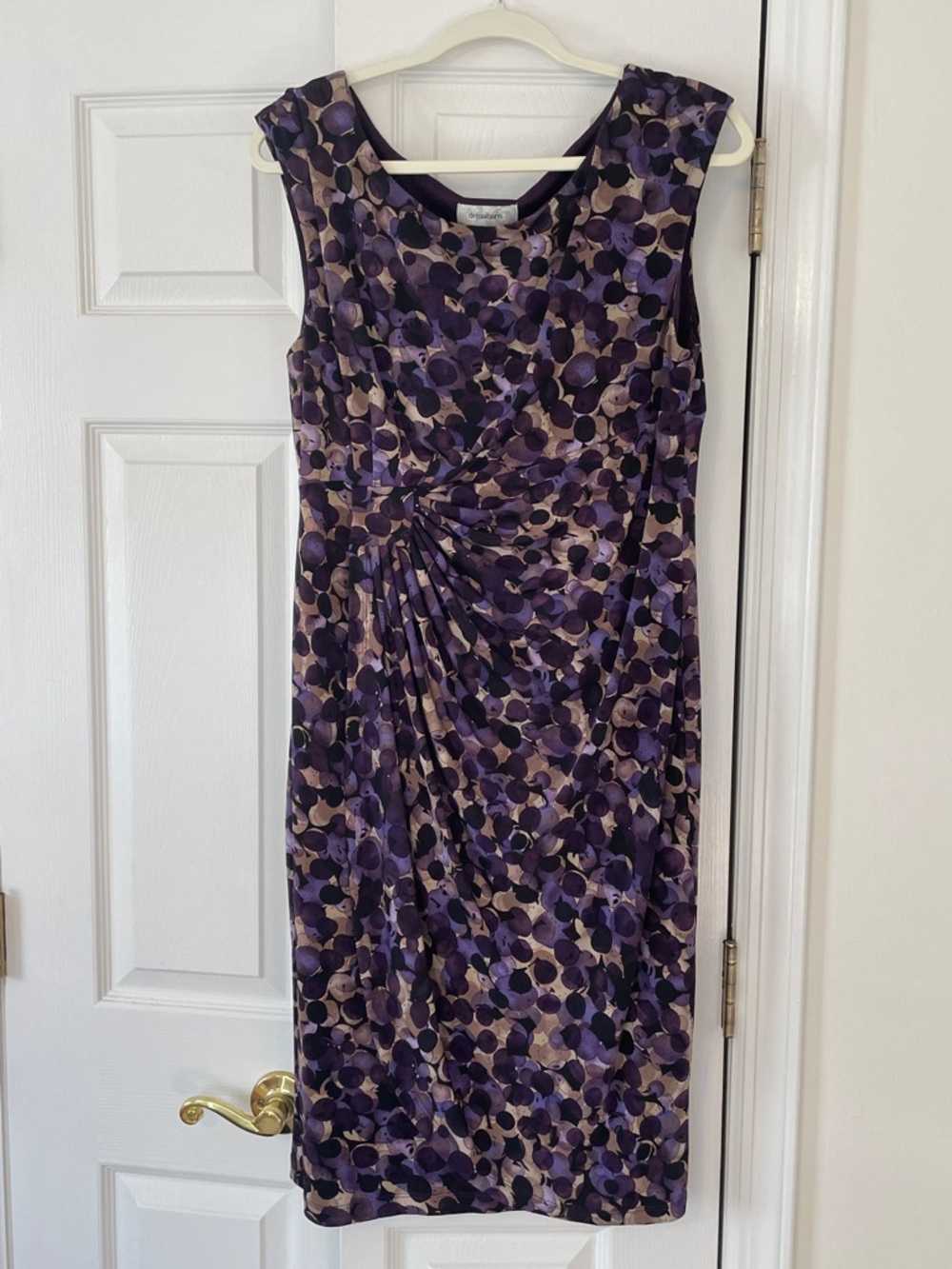 Dressbarn Faux Wrap/Ruched Stretchy Purple/Tan Dress, size 16